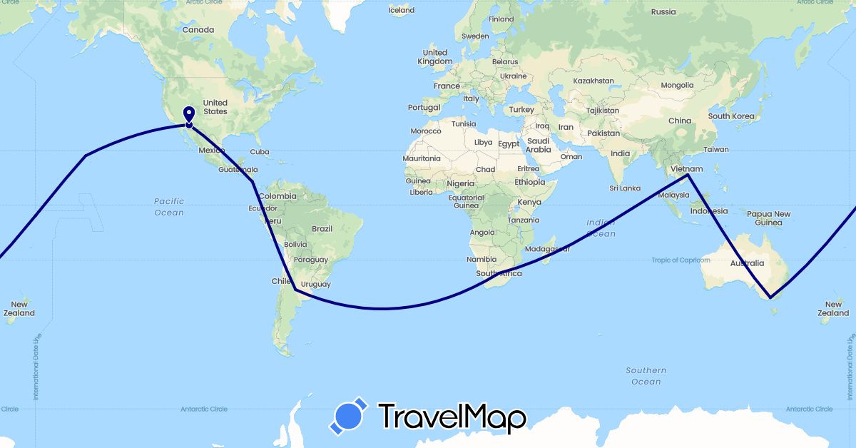 TravelMap itinerary: driving in Argentina, Australia, Costa Rica, United States, Vietnam, South Africa (Africa, Asia, North America, Oceania, South America)